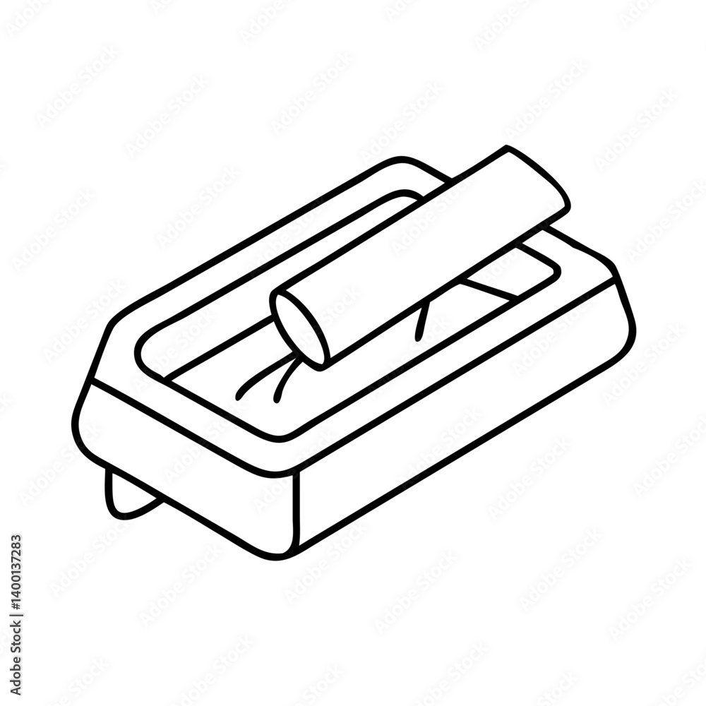 Poster line art illustration of a rectangular container with a rolled item being inserted, possibly depicti