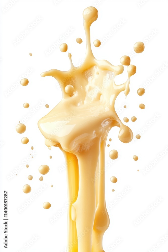 Poster creamy cascade of liquid delight a captivating splash of golden fluid on a pristine white background