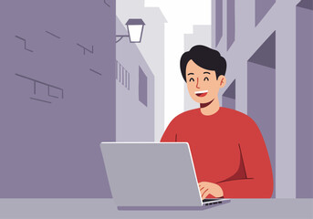 A smiling young Asian man works on a laptop outdoors. He's casually dressed and looks happy in a modern urban setting. Clean, bright, and versatile.