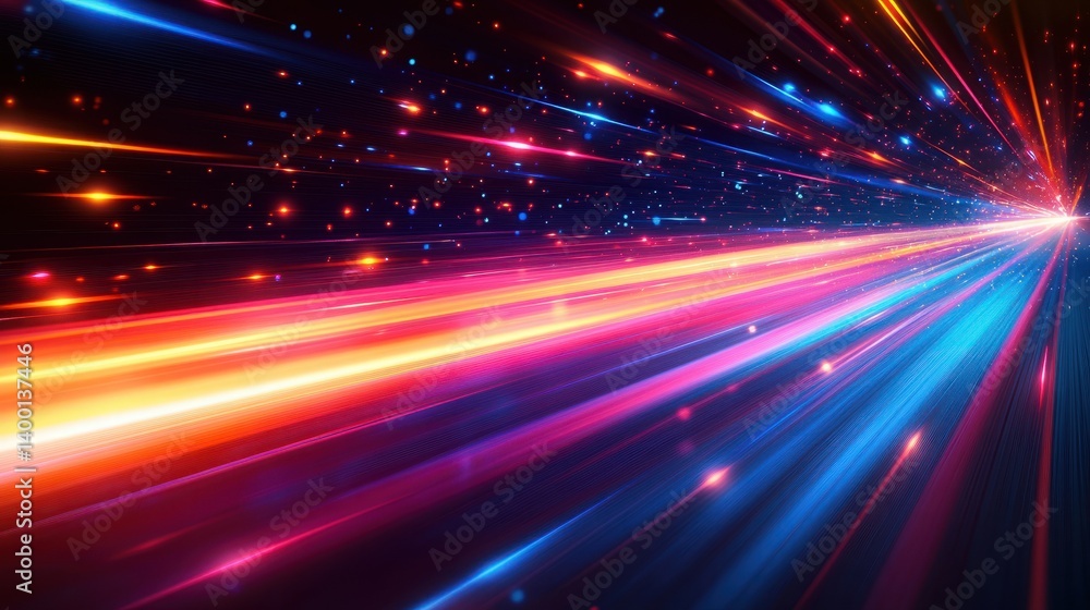 Poster dynamic burst of colorful light trails in a cosmic space background with stars and glowing effects
