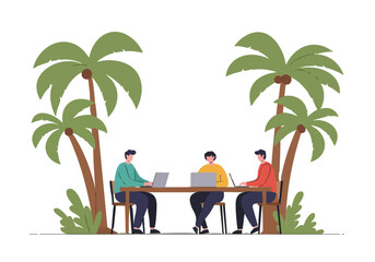 Three men work on laptops outdoors under palm trees. A tropical business scene with a relaxed, modern vibe. Ideal for travel, remote work, or lifestyle concepts.