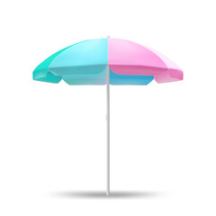 Obraz premium Beach umbrella on a white background. Blue and pink umbrella, protection from sunlight, symbol of summer vacation at sea, accessory for the beach or garden.