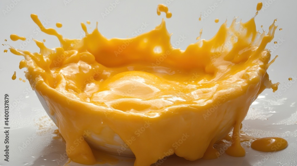 Poster captivating close up of vibrant mango smoothie explosion in a white bowl against a clean white backg