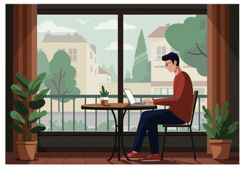 Man working on a laptop at a table by a window with a view. Casual attire, relaxed posture, and a bright, airy atmosphere. Ideal for lifestyle and business concepts.