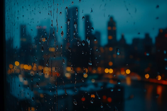 A moody image of raindrops on window glass, with soft, blurry city lights shining in the background, evoking a sense of urban melancholy and atmospheric depth.