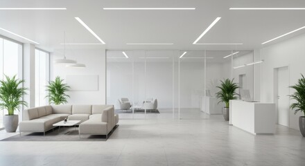 Fototapeta premium Minimalist white modern office with plants