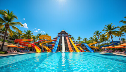 Vibrant water park slides tropical resort pool colorful water tubes red yellow and blue slides, palm trees