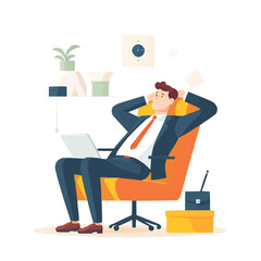 Tired businessman reclining in office chair with hands behind head symbolizing stress fatigue and workplace burnout