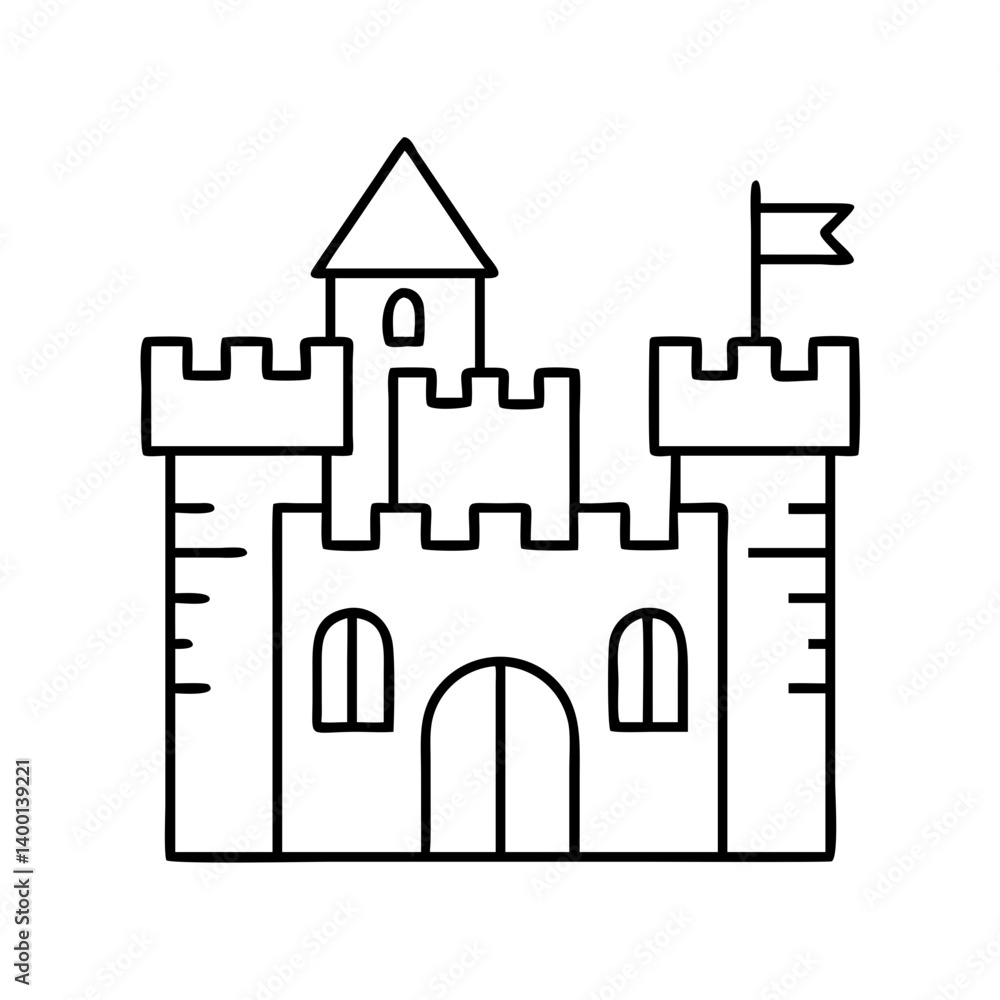 Poster a simple line drawing of a medieval castle with a flag