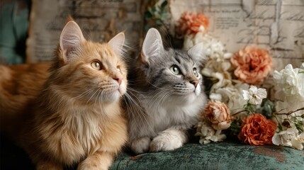 Adorable cats relaxing on a comfortable couch with beautiful flowers two