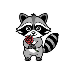Obraz premium Raccoon holding rose cartoon illustration, cute animal with flower gift for love, romance