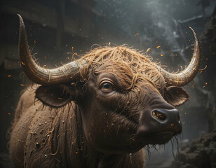 Naklejka premium Buffalo Staring with Large Horns Animal Portrait Close-up