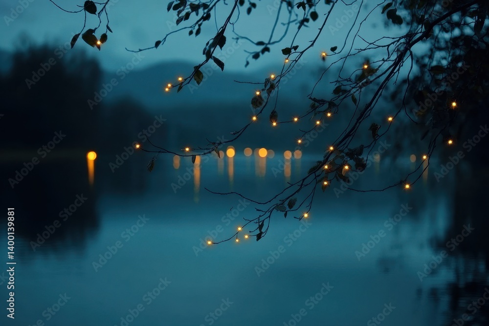 Poster serene twilight lake reflection with branches adorned with glowing fairy lights creating a magical a