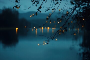 Serene twilight lake reflection with branches adorned with glowing fairy lights creating a magical ambiance and tranquil mood