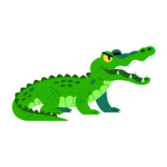 Fototapeta premium Cartoon alligator with green skin and yellow eyes on a transparent layer