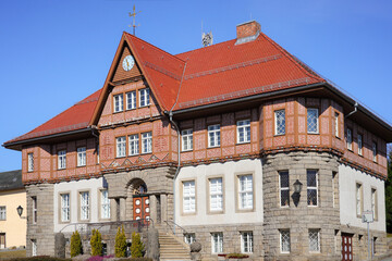 View of the town hall of Schierke in Harz Mountains with the inscription on the gable  