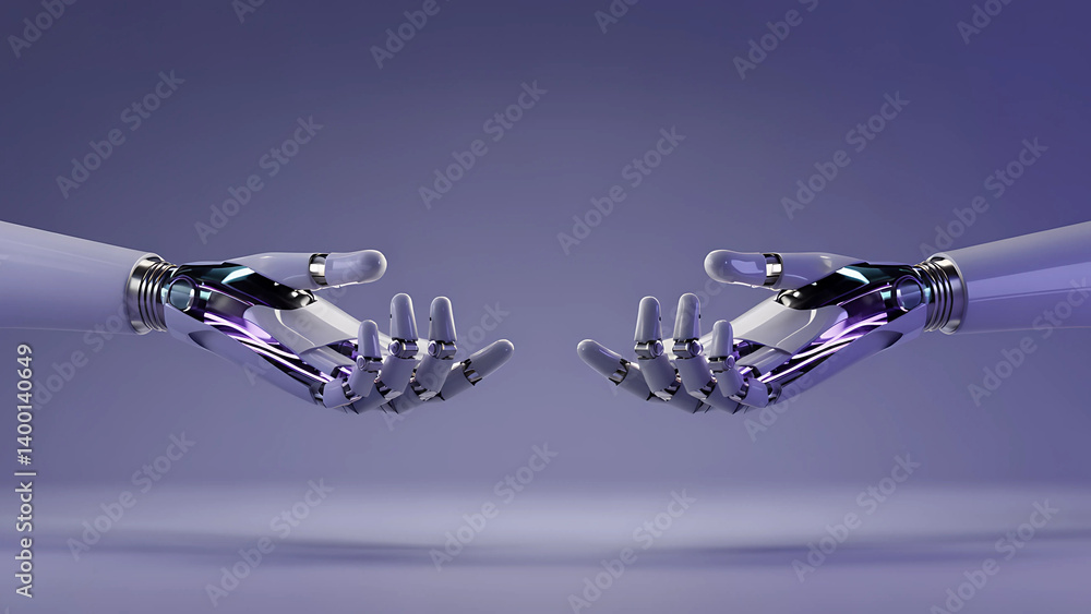 Poster two robotic hands reaching toward each other representing technology innovation connection and artif