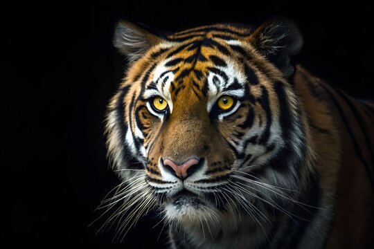 Striking Portrait Of A Majestic Tiger With Intense Gaze On A Black Background Wildlife Photography, tiger, bengal tiger, wildlife, animal, predator, big cat, feline, mammal, carnivore, nature, wild