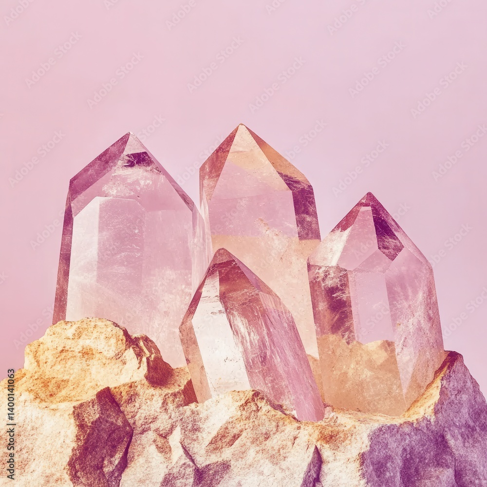 Aufkleber captivating quartz crystals cluster on rough stone surface against a soft pink background in studio 