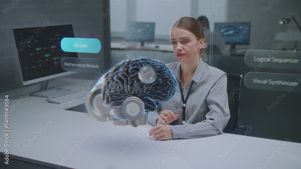 Fototapete female engineer uses advanced augmented reality to visualize 3d holographic model of cybernetic brai