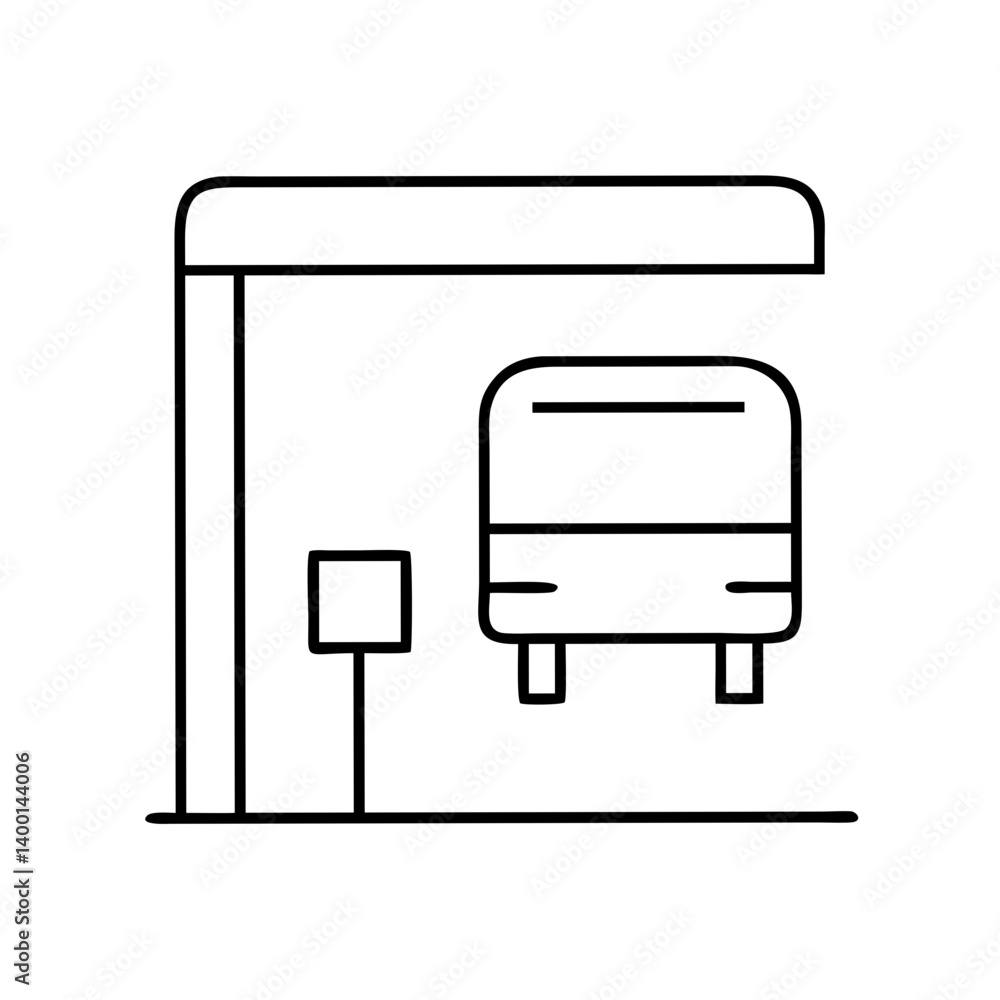 Poster simple line drawing of a bus stop with a bus and sign