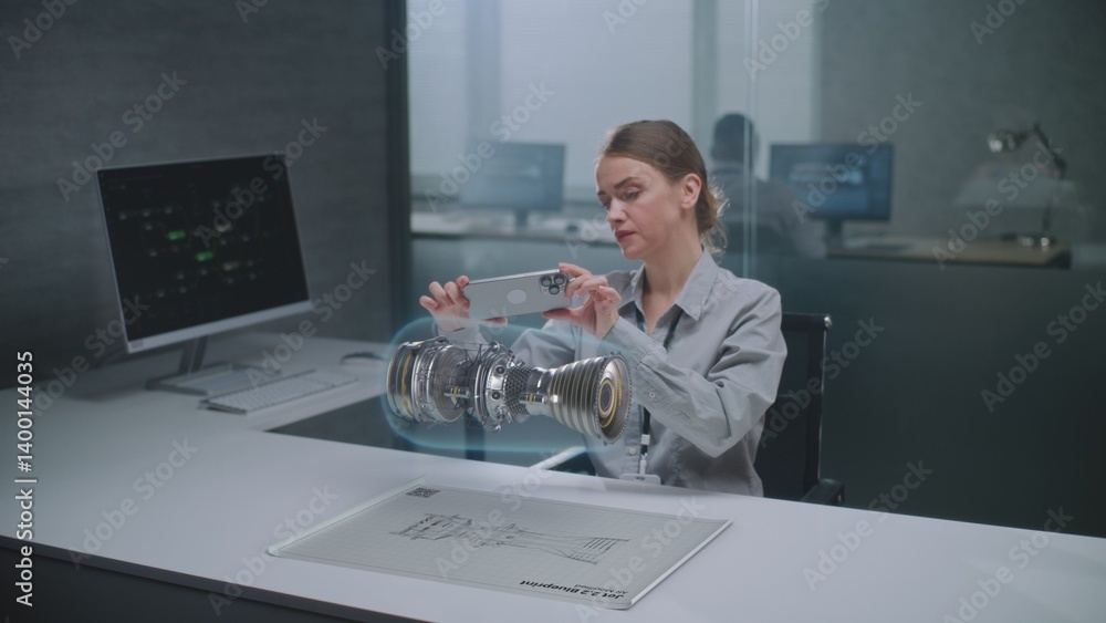 Fototapete female engineer uses smartphone to visualize 3d holographic model of renewable energy engine in futu