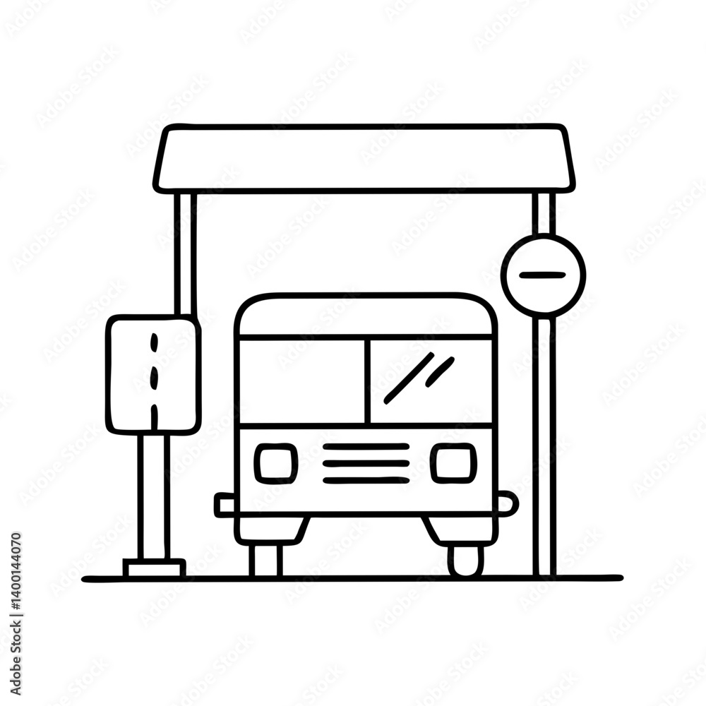 Poster simple line drawing of a bus at a bus stop with shelter and signage
