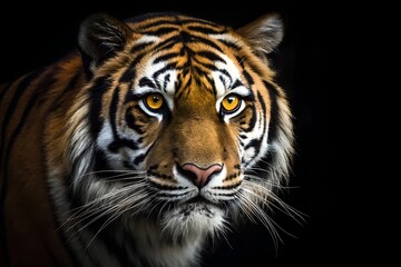 Fototapeta premium Majestic Bengal Tiger Close Up Portrait With Intense Golden Eyes And Striking Stripes On A Black Background, tiger, bengal tiger, wild, wildlife, animal, feline, predator, carnivore, mammal