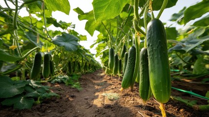 Rows of vibrant cucumber plants stretch across the field, with fresh cucumbers hanging from lush green vines. The sun illuminates the scene, enhancing the color of the crops
