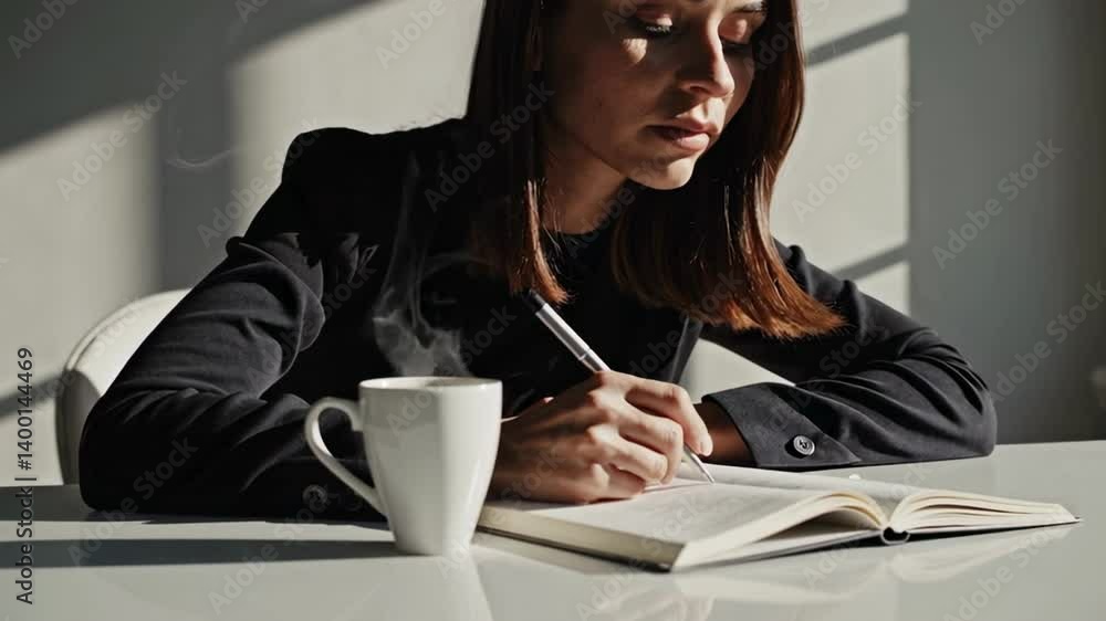 Poster professional businesswoman writing notes in notebook, concentrating on work while sitting at desk in