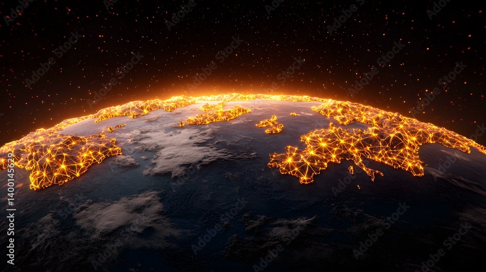 Poster the image shows a stylized rendering of planet earth, with glowing orange lines representing connect