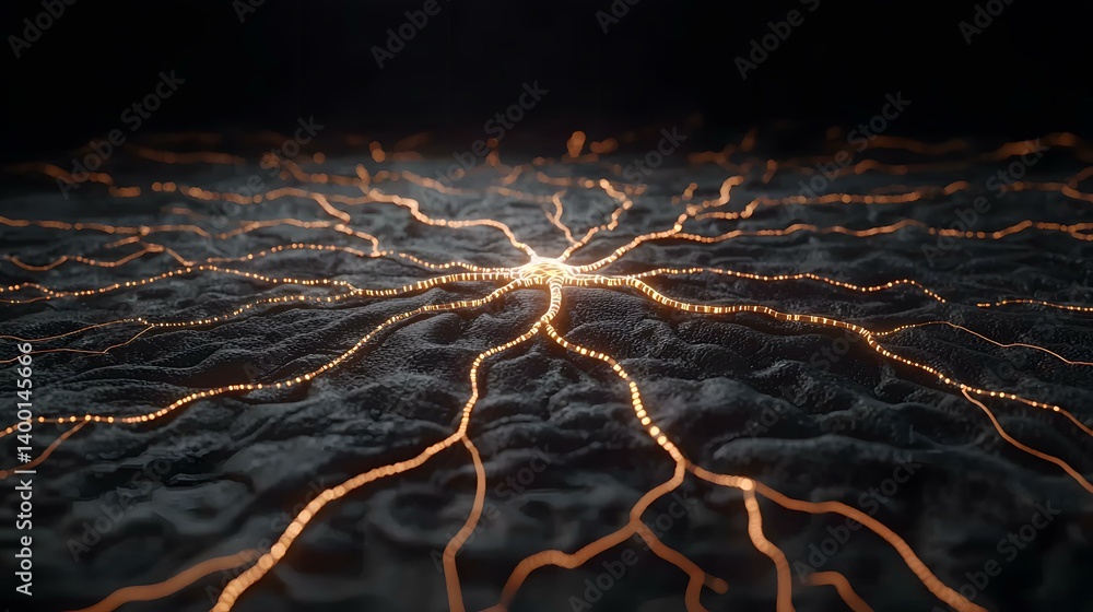 Poster a dark, textured surface with glowing orange lines resembling a neuron network emanating from a cent