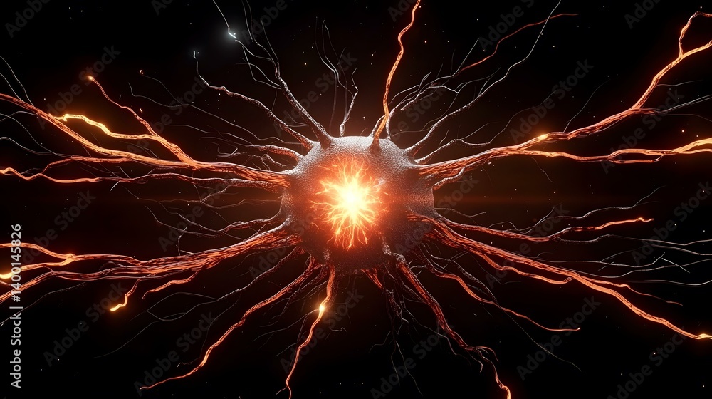 Poster the image shows a stylized rendering of a neuron or similar cell, with numerous glowing, orange tend