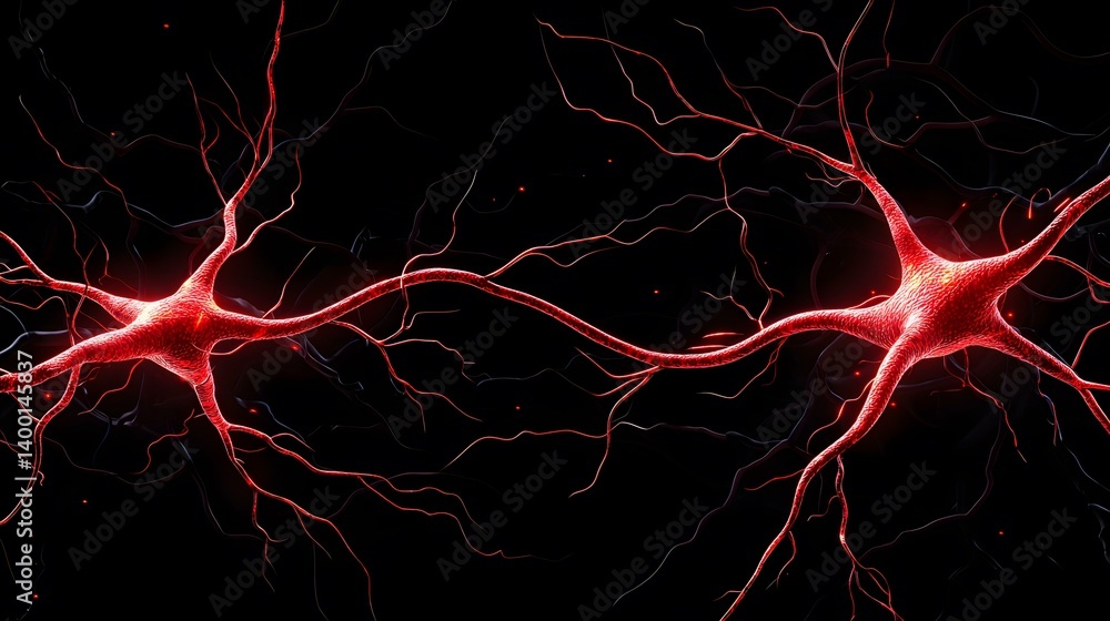 Poster the image shows two neurons connected by a synapse, depicted in glowing red against a black backgrou
