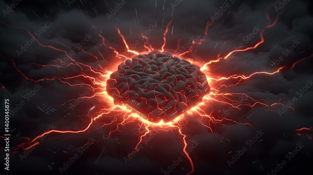 Aufkleber a dark, stylized brain-shaped object, possibly a computer chip, is depicted at the center of the ima
