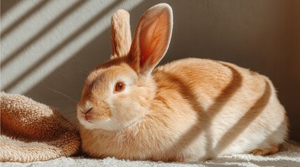 Naklejka premium Adorable rabbit enjoying comfort and relaxation on a soft blanket, picture of peaceful domestic bliss