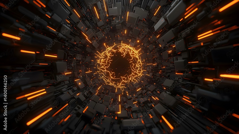 Poster the image shows a 3d rendering of a dark, abstract tunnel or passageway composed of numerous dark-gr
