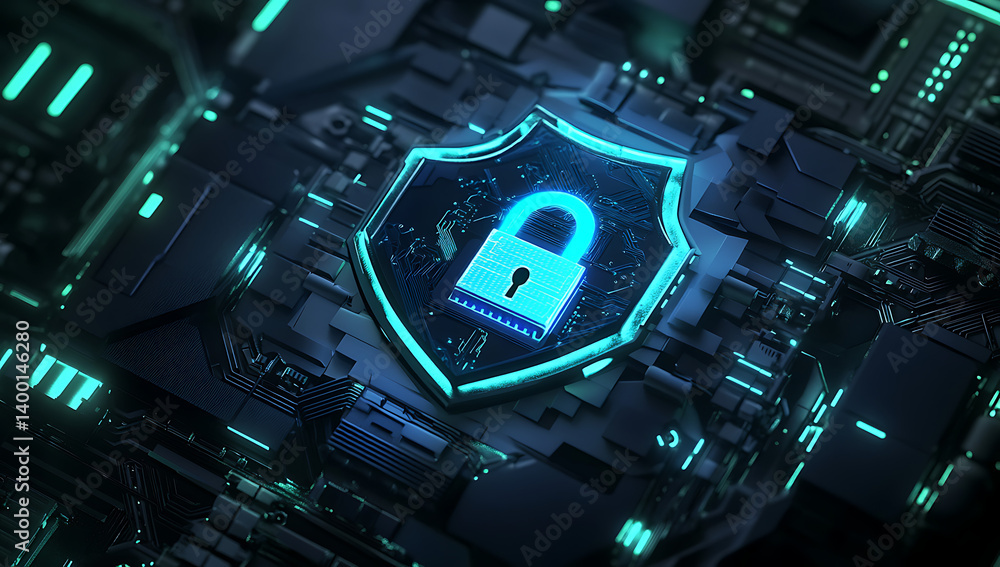 Poster cyber security concept with a glowing padlock inside a shield on a dark circuit board for protection