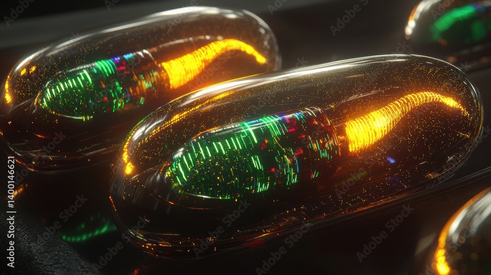 Poster exploring innovative pill technology laboratory environment 3d render sci-fi conceptual design