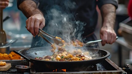 Chef Cooking Delicious Seafood Dish with Fresh Ingredients and Vibrant Vegetables in Pan