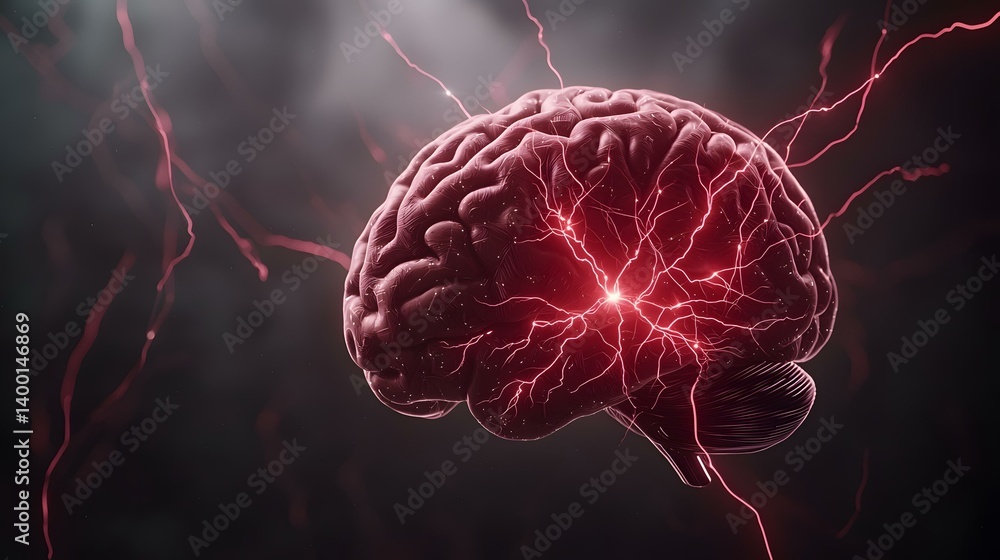 Aufkleber the image shows a detailed rendering of a human brain with glowing red lines emanating from its cent