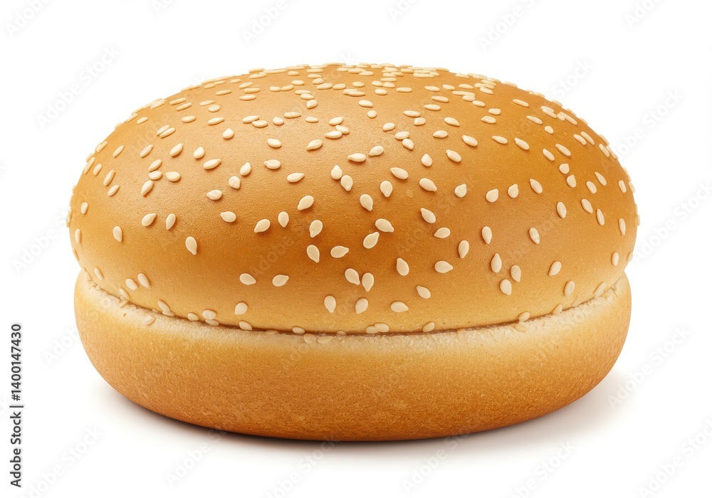 Poster A single hamburger bun with sesame seeds on top isolated against a plain white background view from above