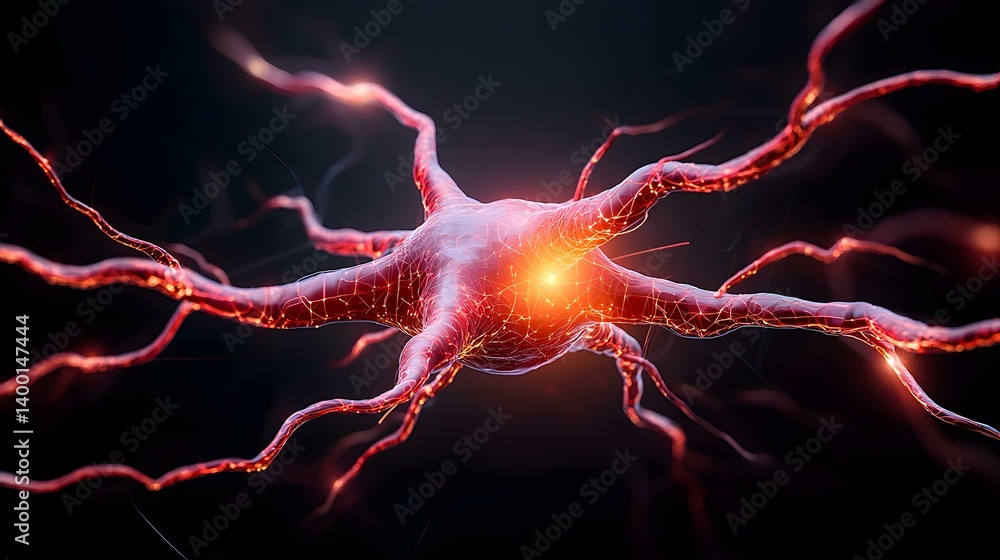 Poster the image shows a detailed 3d rendering of a neuron, its soma glowing brightly with energy, and nume