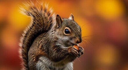 Obraz premium Squirrel Eating Nut in Autumn Setting with Vibrant Background