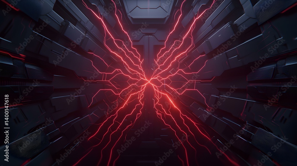 Poster a dark, futuristic corridor with red energy lines radiating from a central point, creating a strikin