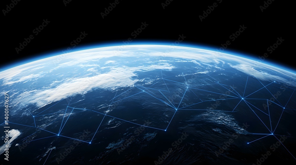 Poster the image shows a view of earth from space, with a network of glowing blue lines connecting points a