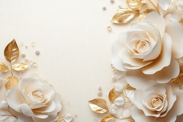 Elegant floral arrangement featuring white roses and golden leaves on a soft textured background for wedding invitations and luxury designs