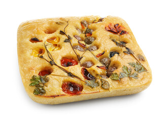 Delicious focaccia with flowers made of vegetables isolated on white