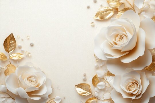 Elegant floral arrangement featuring white roses and golden leaves on a soft textured background for wedding invitations and luxury designs