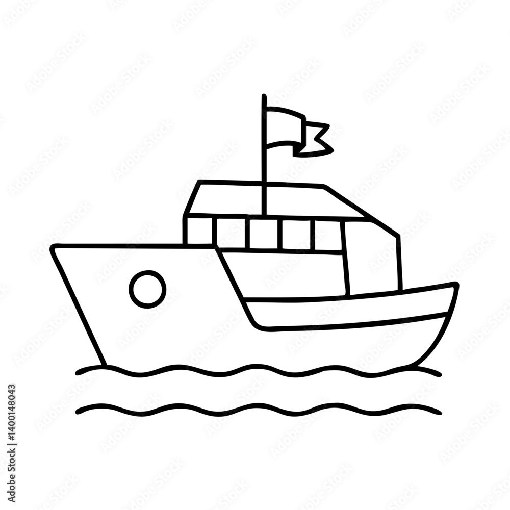 Poster a simple line drawing of a boat sailing on the ocean waves with a flag